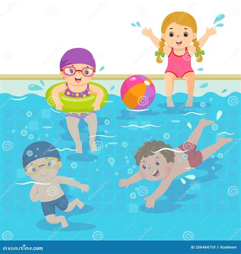 Dibujos Animados De Niños Felices Nadando En La Piscina Ilustración Del