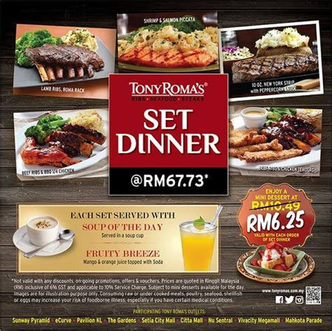 Anda boleh pilih untuk menikmati lamb steak anda bersama bountiful beef ribs, 1/4 bbq chicken, atau begitu sahaja. Tony Roma's Set Dinner Promotion | LoopMe Malaysia