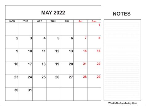 May 2022 Calendar Printable With Notes