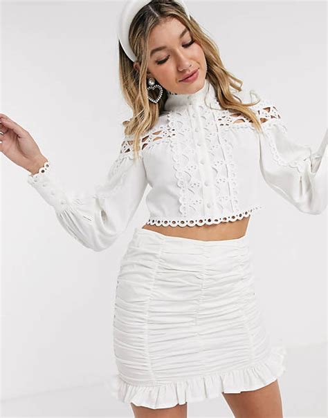 Mossman Lace Cutwork Cropped Blouse In White Asos