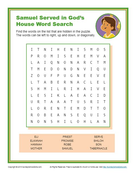 Samuel Served In Gods House Word Search Childrens Bible Activities