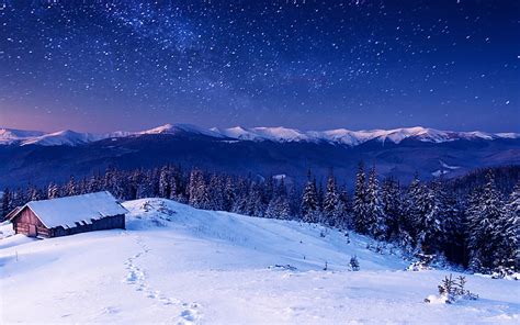 Hd Wallpaper White Snow Path Stars Nature Mountains Night Sky