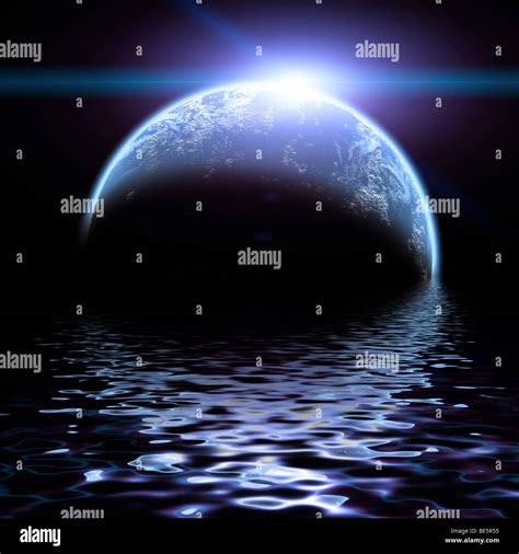Earth Under Water Global Warming Concept Sun Rise And Reflection In