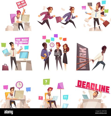 Business People Isolated Icons Set Of Too Busy And Hurrying To Work
