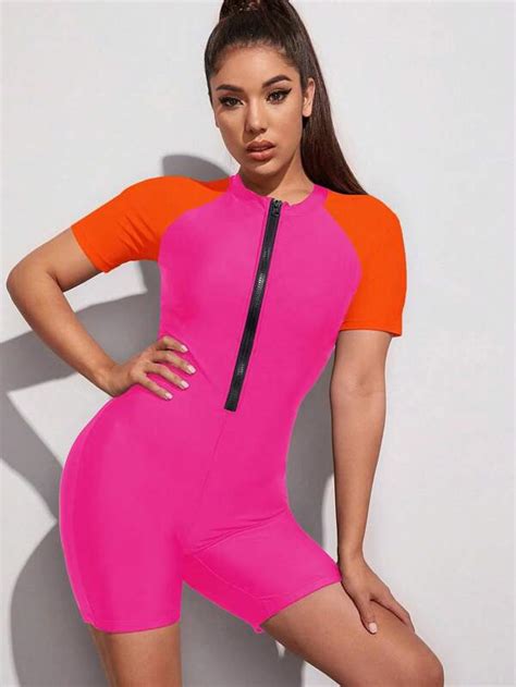 Colorblock Zipper Front One Piece Swimsuit Shein Usa