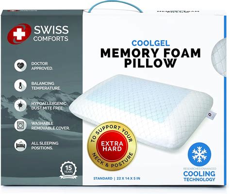 Swiss Comforts Memory Foam Pillows Cooling Gel Extra Hard Flat Sleeping Pillow For Side And