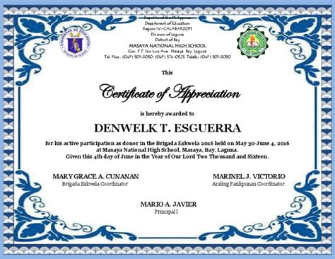 Certificate Brigada Eskwela Pdf