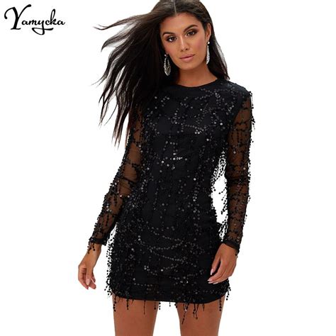 buy sexy mesh long sleeve sequins dress women befree new black bodycon dress