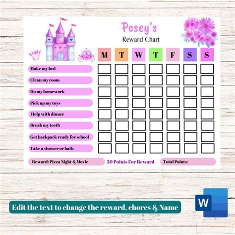 Editable Reward Chart Printable Princess Castle Behavior Etsy