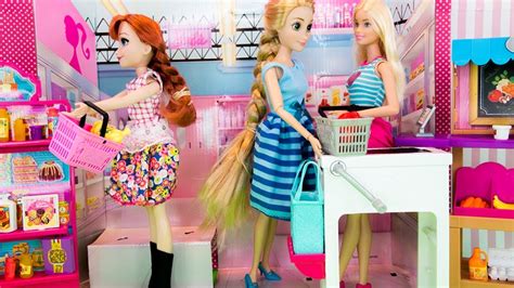 Barbie Doll Supermarket Shopping For Grocery With Frozen Elsa Anna