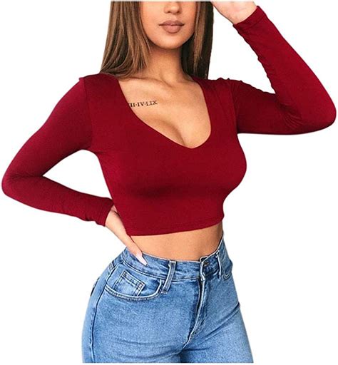 weicy women tight blouses stylish sexy solid color shirt v neck long sleeve crop top slim blouse