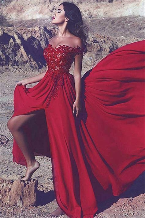 A Line Off The Shoulder Lace Chiffon Long Red Prom Dress Formal Evening Dresses 601466