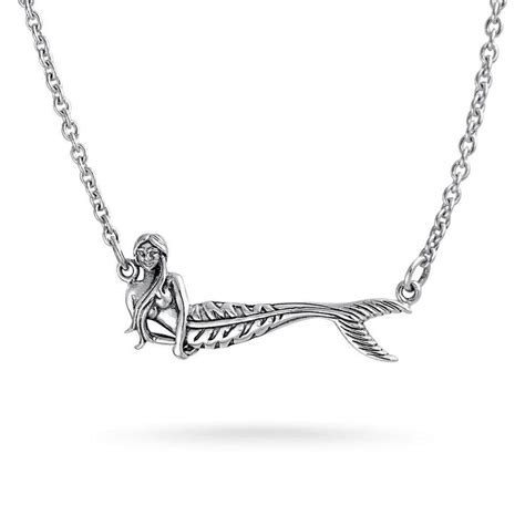 Siren Mermaid Sideways Diagonal Pendant Necklace Sterling Silver