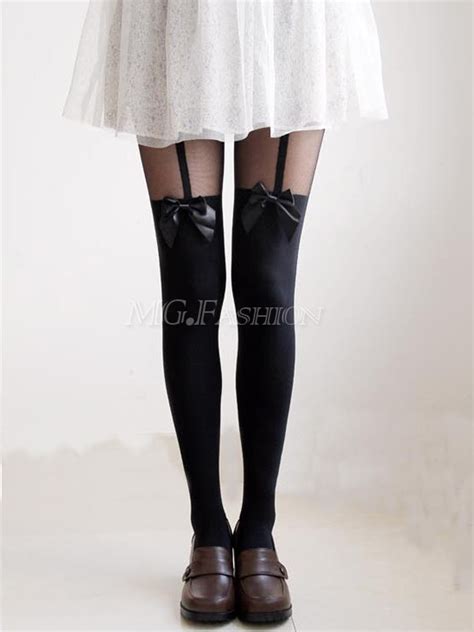 women sexy cute stockings pantyhose tattoo mock bow suspender sheer tights[240508] in tights