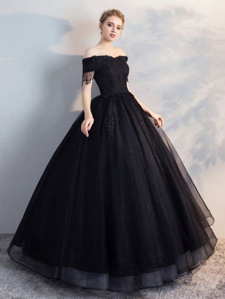 Quintessentially bridal, lace adds femininity, romance and grace to any wedding dress. Black Gothic Off-the-Shoulder Lace Appliqued Ball Gown ...