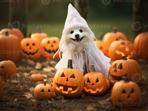 Dog Wearing A Ghost Costume Sitting Between Pumpkins For Halloween In