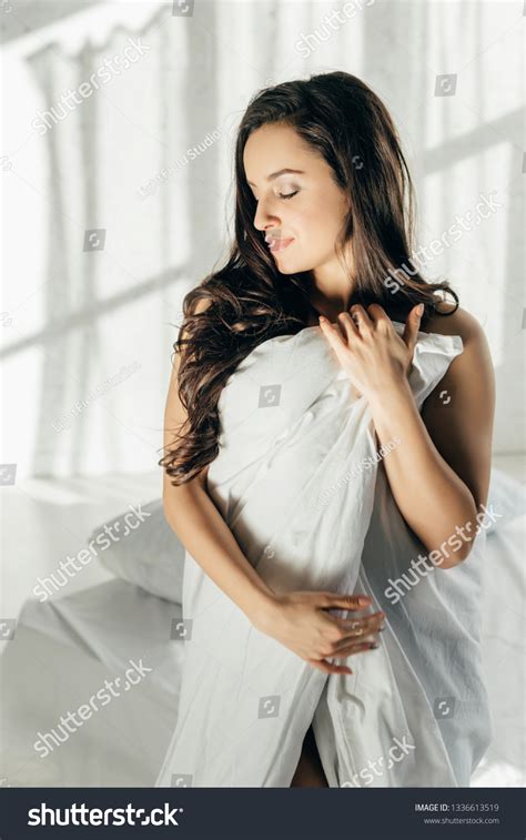 Sensual Brunette Naked Woman Wrapped Blanket Stock Photo 1336613519