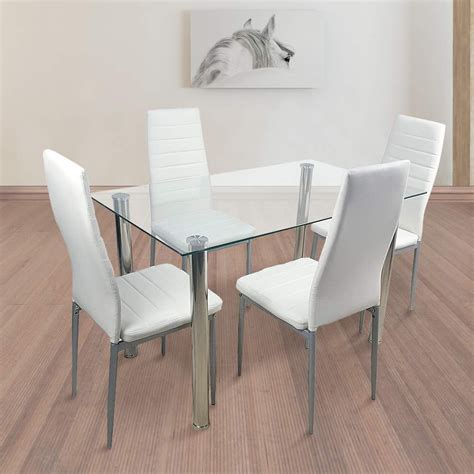 5 Piece Dining Table Set For 4 Tempered Glass Dining Table With 4 Leather Chairs For Dining