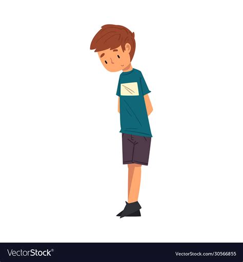 Unhappy Boy Standing With Bowed Head Cute Sad Vector Image