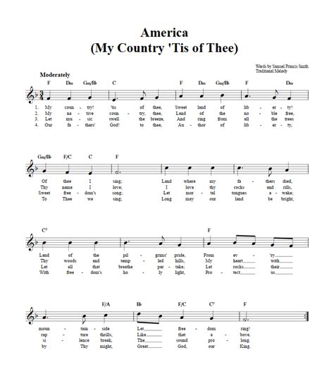My Country Tis Of Thee Chords Lyrics And Sheet Music For C Instruments