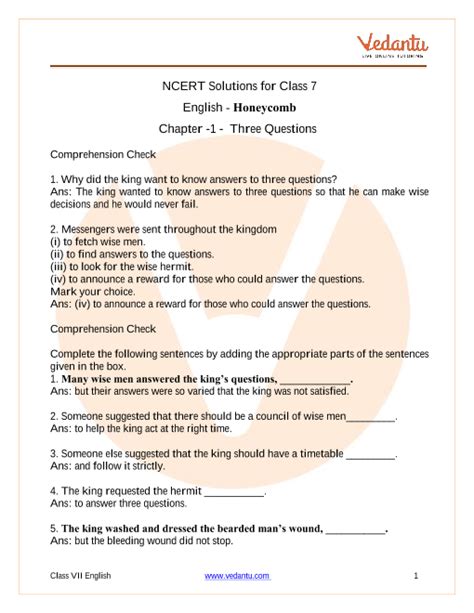 Ncert Solutions For Class 7 English Honeycomb Chapter 1 Three Questions