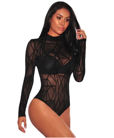 Black Sheer Mesh Geometric Velvet Bodysuit Woman Lingerie Etsy