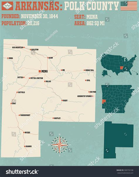 Large Detailed Map Polk County Arkansas เวกเตอร์สต็อก ปลอดค่า
