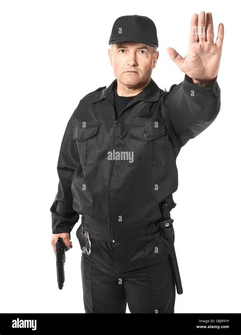 Male Security Guard Standing On White Background Stock Photo Alamy