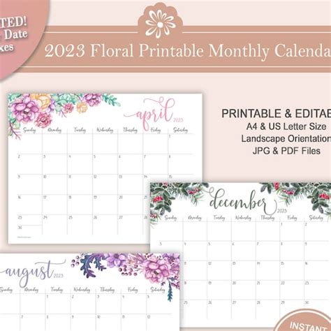 2023 Monthly Calendar Landscape A3 And A4 Printable Calendar Etsy