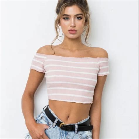 Off Shoulder Sexy Striped Top Tees Cropped Women Short Sleeve Crop Tops