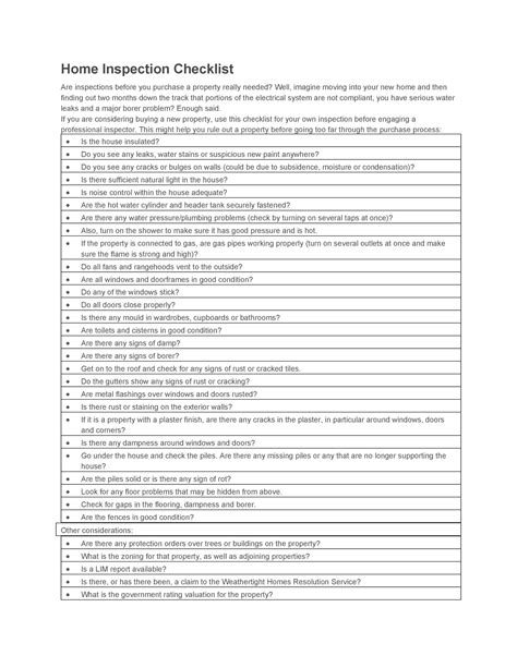 20 Printable Home Inspection Checklists Word Pdf Template Lab