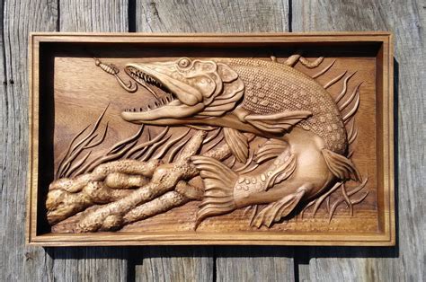 Pike Carved Fish Wood Carving Nautical Hanging Home Decor Etsy Wood