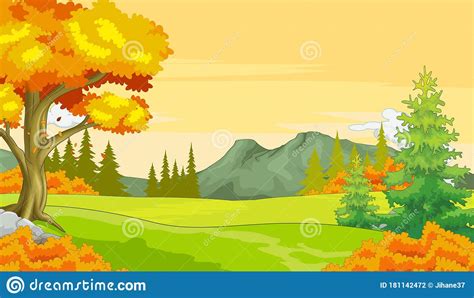 Autumn Landscape Forest View With Grass Field, Trees, And Mountain ...