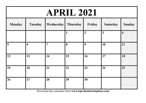 Calendar 2021 April Month Free Printable Calendar Monthly