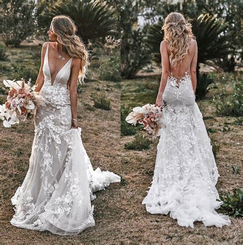 Deep V Neck Wedding Dresses Bridal Gown With 3d Flowers · Dressydances