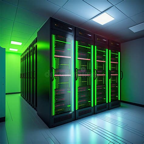 Image Of Empty Server Room With Green Glowing Lights Created Using