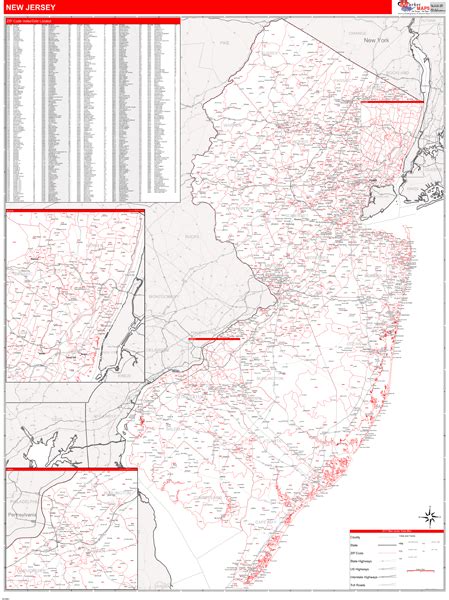 New Jersey Zip Code Wall Map Red Line Style By Marketmaps