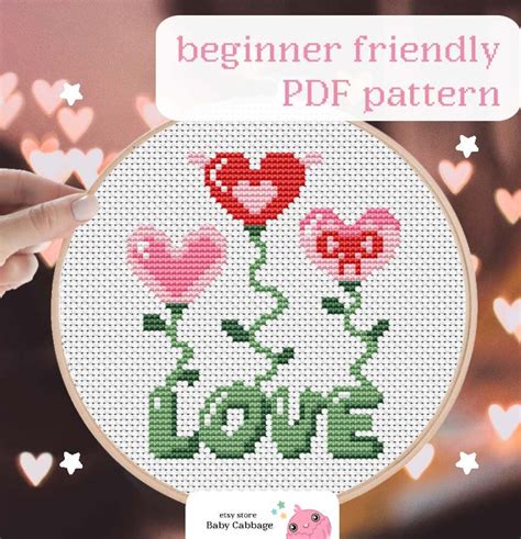 pink-heart-cross-stitch-pattern-simple-love-mini-ornament-etsy