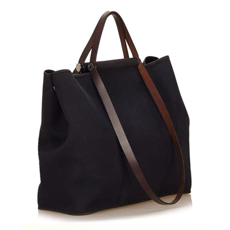 Hermès Vintage Canvas Cabag Tote Bag Blue Brown Leather And