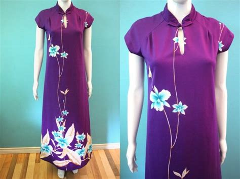 hawaiian dress 1970 s purple floral print maxi malihi… gem