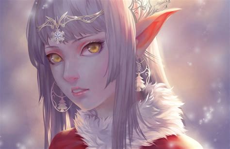 Fantasy Elf Girl Yellow Eyes Pointed Ears Face White Hair Earrings