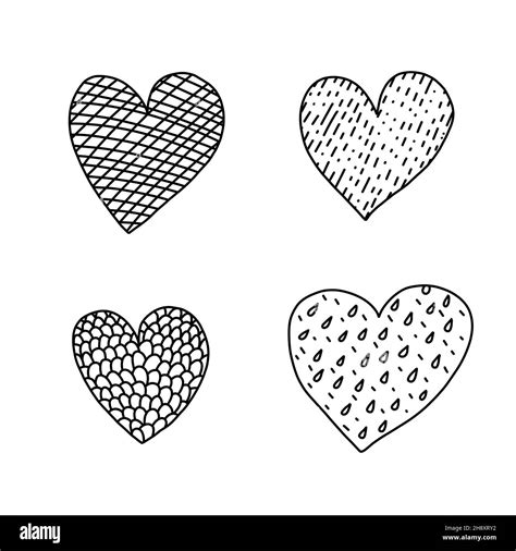 Festive Doodle Hearts Set With Textures Linear Style Heart Shapes