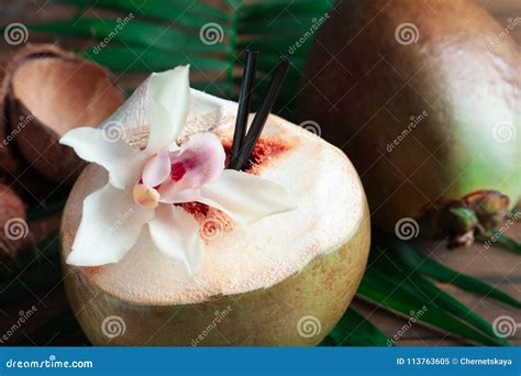 Fresh Green Coconut With Drinking Straws Stock Image Image Of Palm