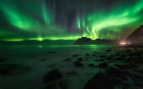 Download Starry Sky Star Horizon Stone Nature Night Light Green Arctic