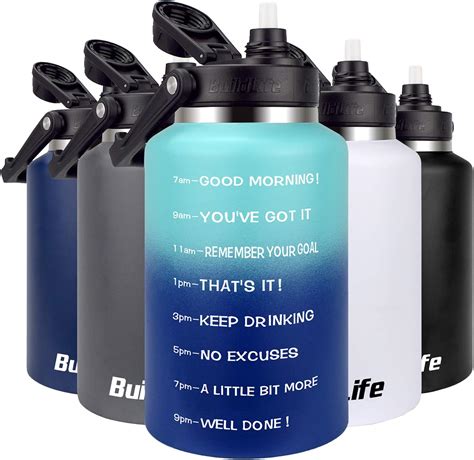 Buildlife Stainless Steel Water Bottle 64 Oz Half Gallon Motivational Time Marker Wide Mouth