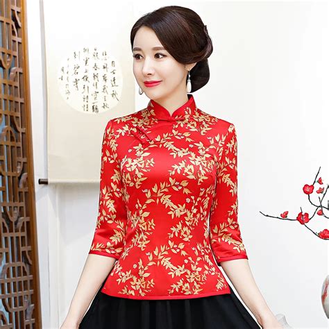 Printed Female Business Shirt Traditional Mandarin Collar Blouse Red