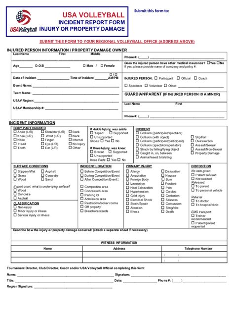 Fillable Online Usa Volleyball Incident Report Form Injury Or