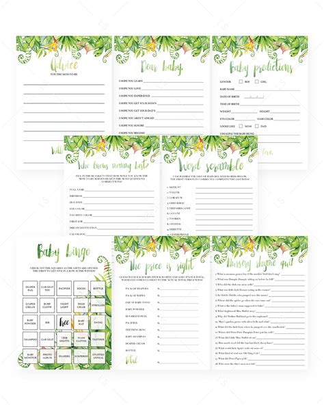 Tropical Themed Baby Shower Games Pack Printable | Tropical baby shower invitations, Tropical ...