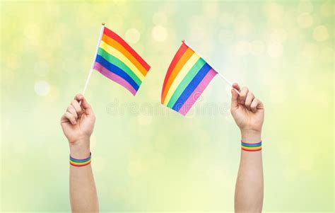 Hand With Gay Pride Rainbow Flags And Wristbands Stock Image Image Of Hand Pride 115063991