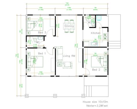 3 Bedroom House Plans 10x10 Meter 33x33 Feet Pro Home
